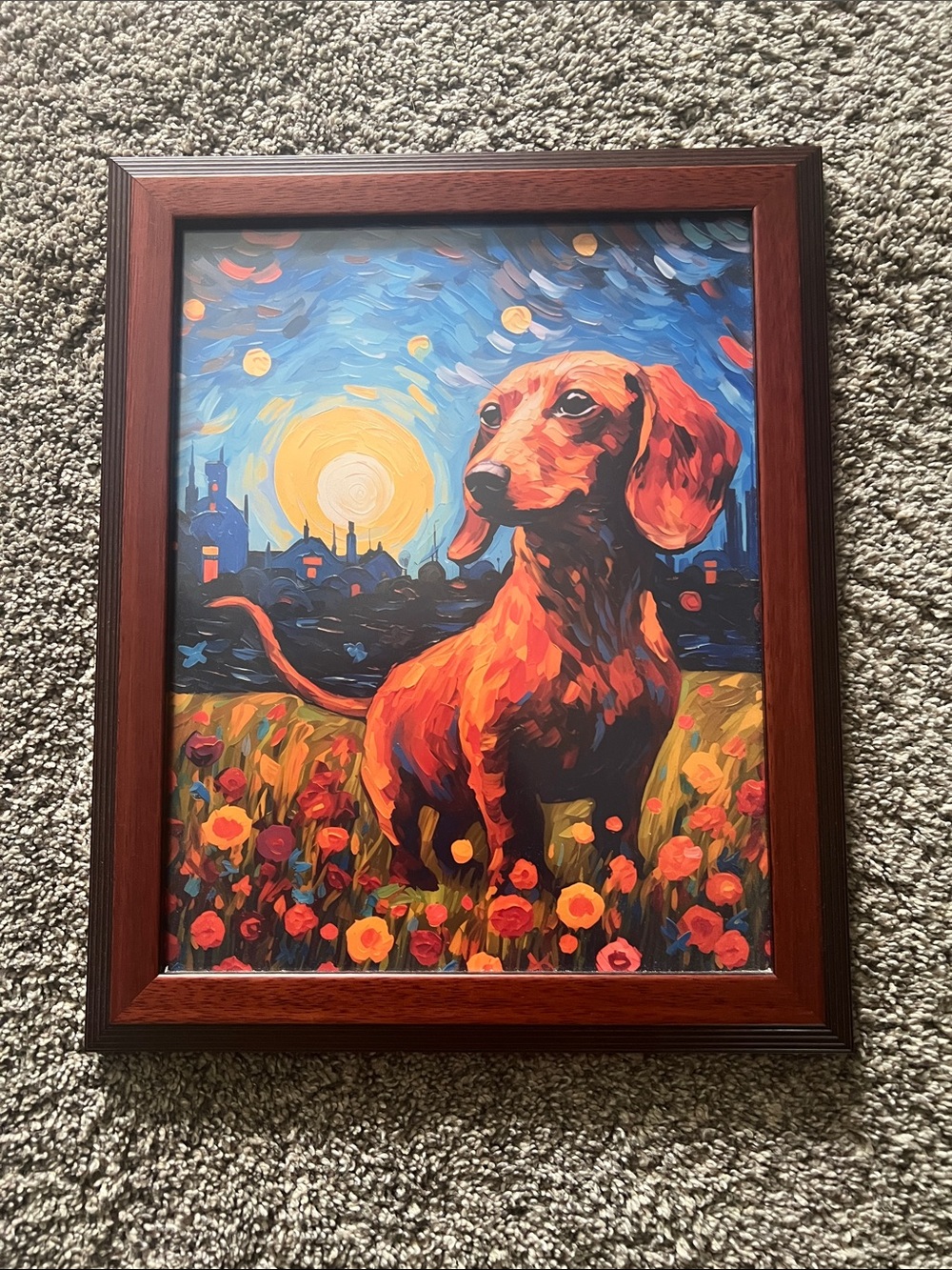 Vibrant Red Dachshund Art Print in Wooden Frame